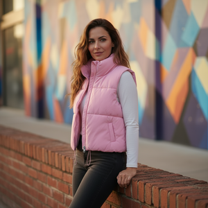 Woman wearing a pink puffer vest standing against a colorful mural.