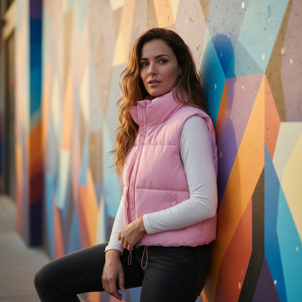 Woman wearing a pink vest against a colorful geometric wall.