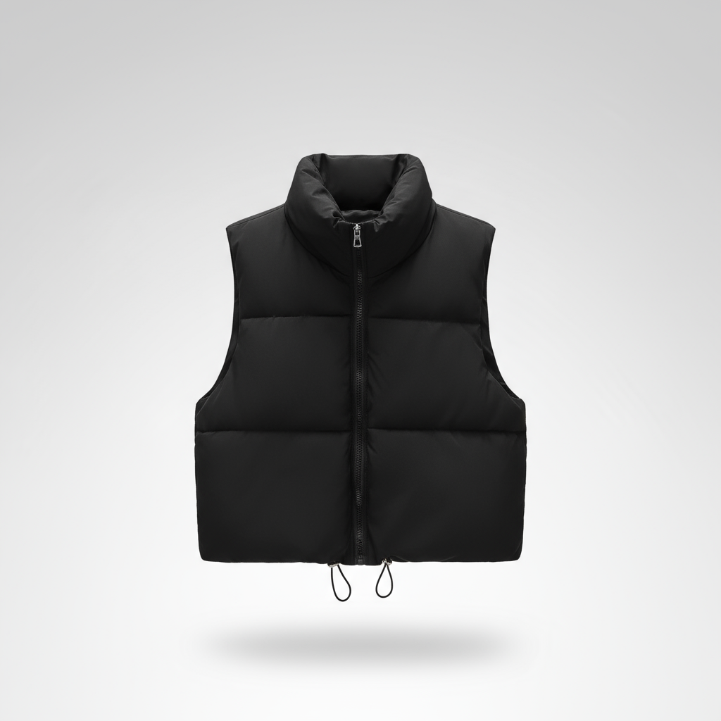 Black puffer vest on a light gray background