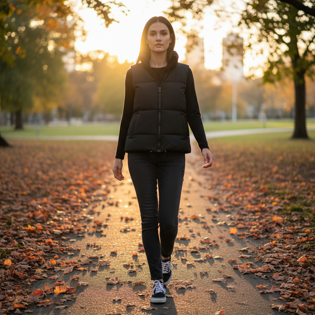Woman walking on a path with autumn leaves and trees in the background