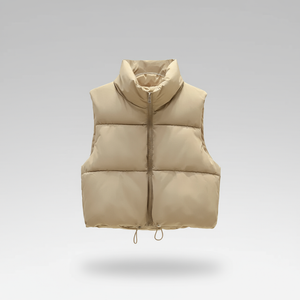 Beige puffer vest on a light gray background