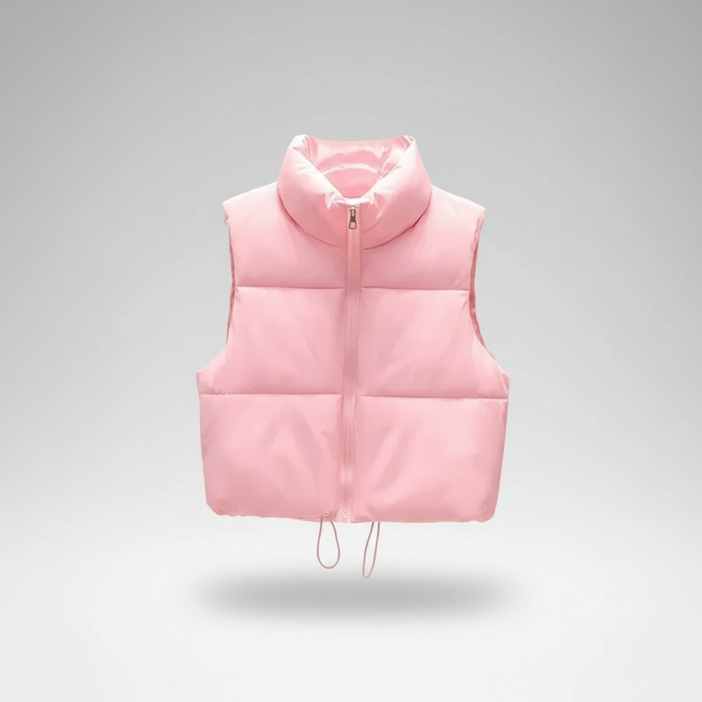 Pink puffer vest on a gray background