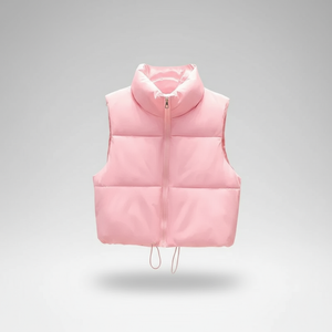 Pink puffer vest on a gray background