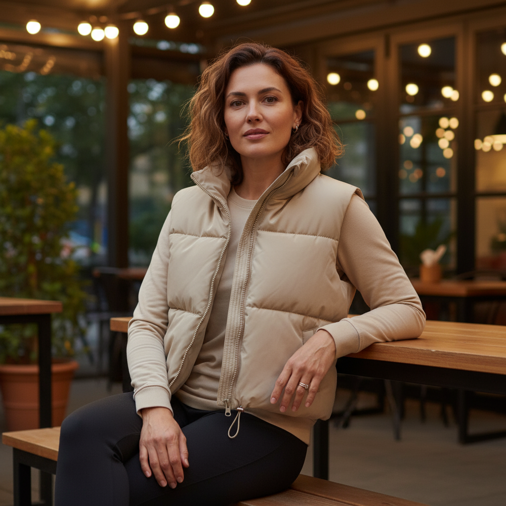 Woman in a beige puffer jacket sitting at an outdoor cafe table.
