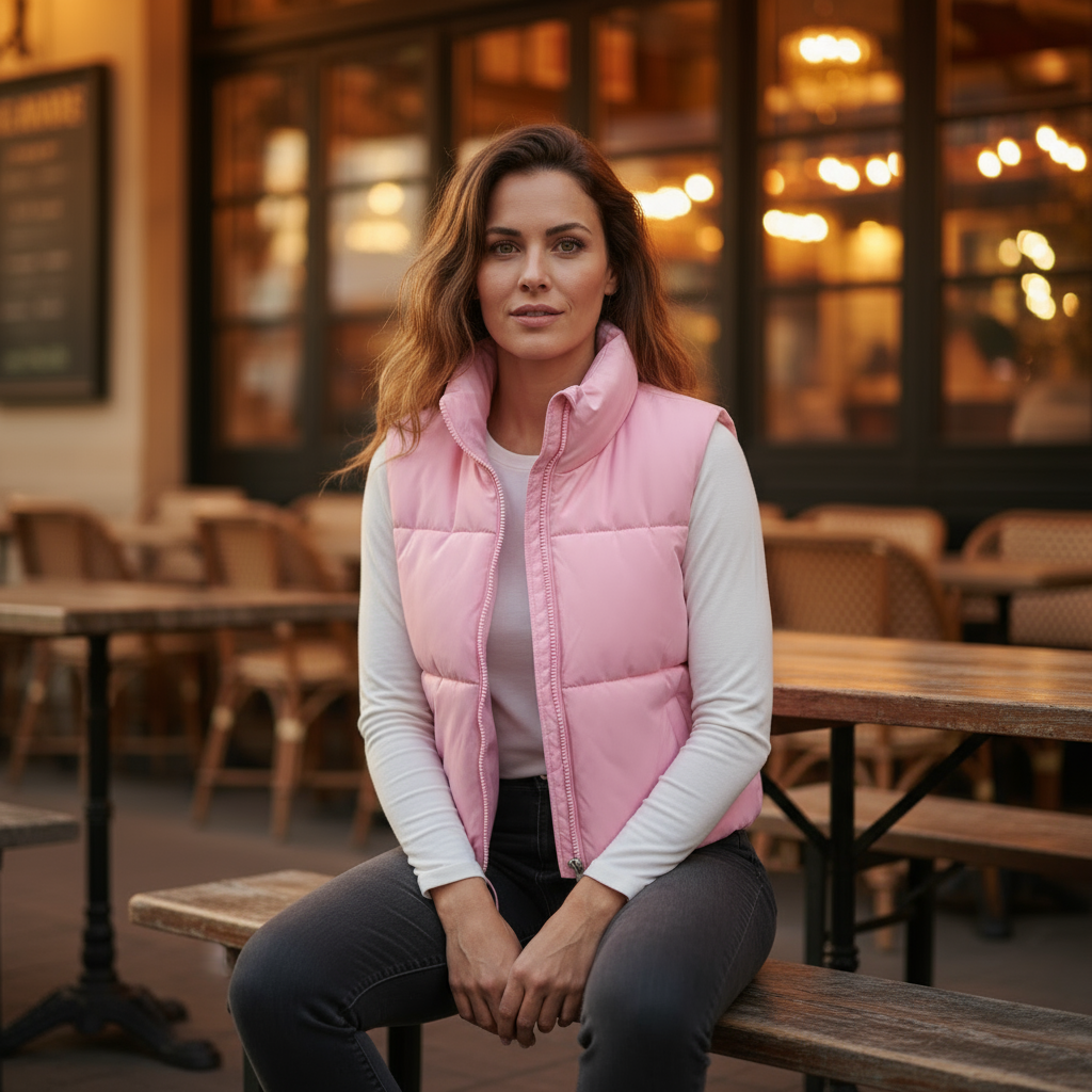 Woman wearing a pink puffer vest sitting at an outdoor cafe.