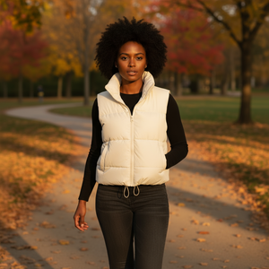 Woman wearing a white puffer vest in an autumn park setting