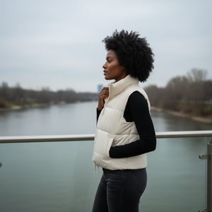 Woman wearing a white puffer vest standing on a bridge