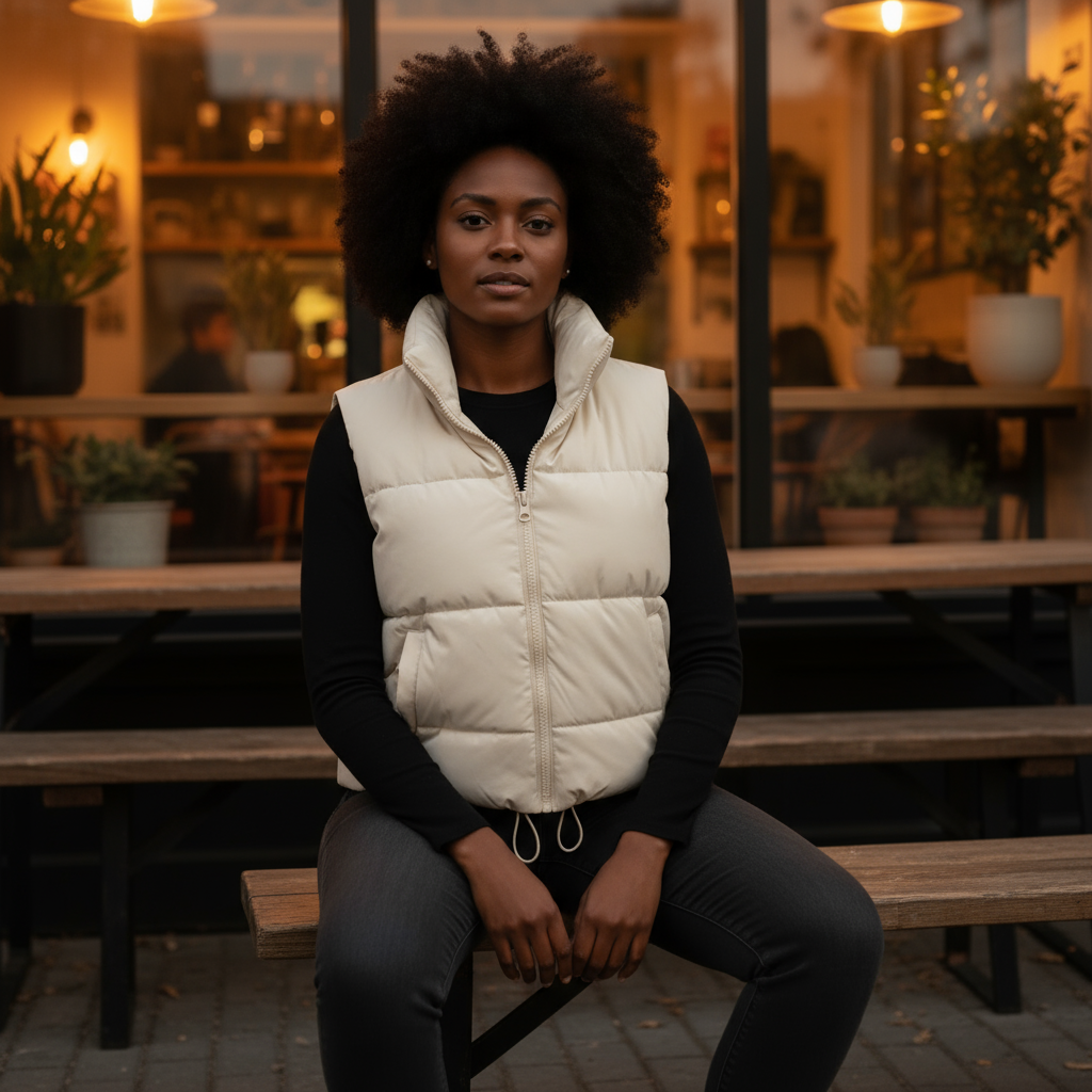 Woman wearing a white puffer vest sitting on a bench in an outdoor setting.