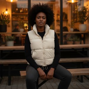 Woman wearing a white puffer vest sitting on a bench in an outdoor setting.