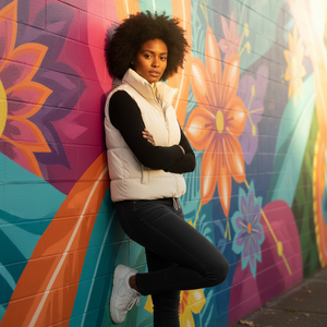 Woman in a white puffer vest leaning on a colorful wall