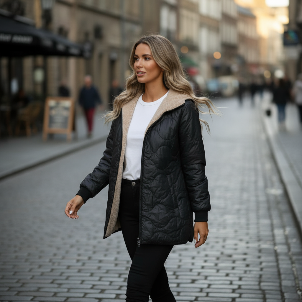 Woman walking on a city street wearing a black quilted jacket.
