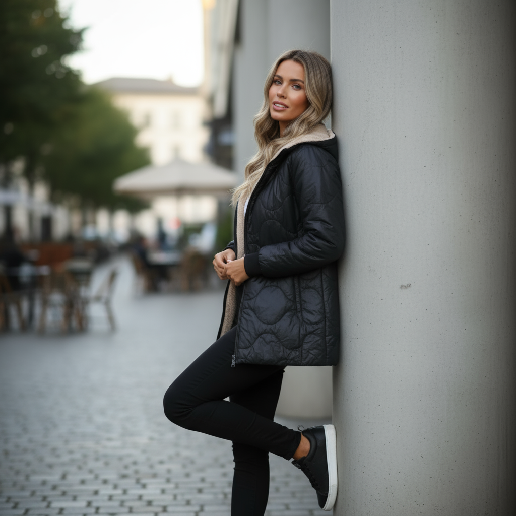 Woman leaning against a wall on a street with blurred background