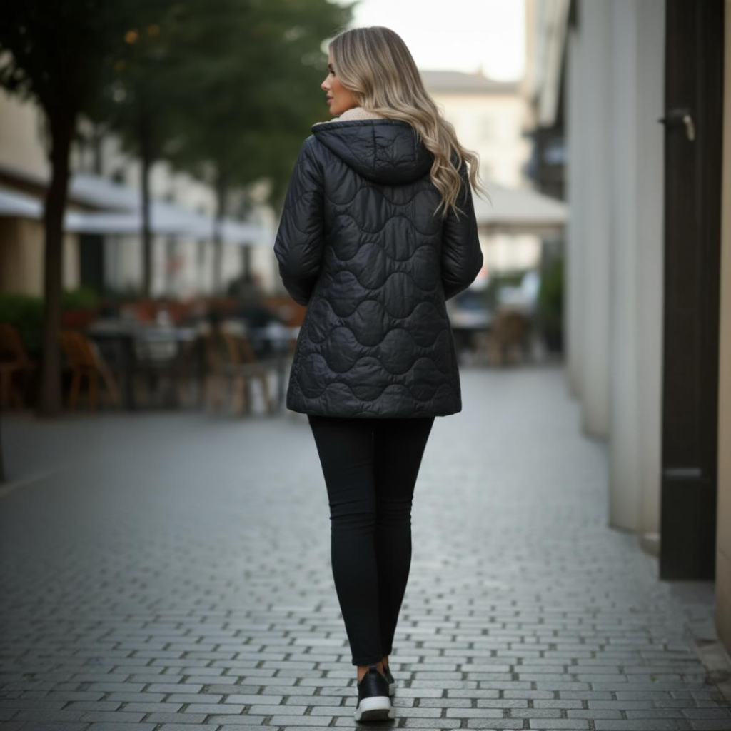 Woman wearing a black quilted jacket walking on a street.