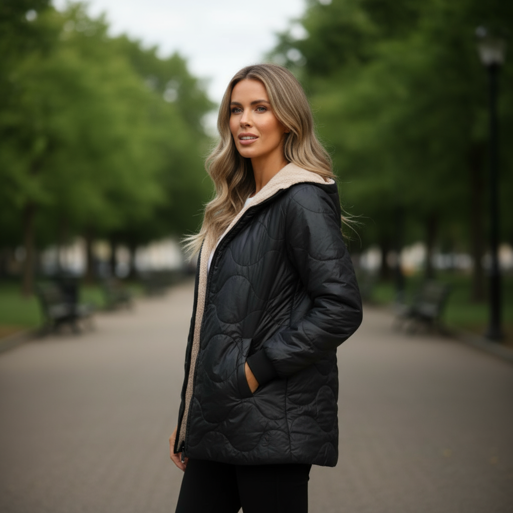 Woman wearing a black quilted jacket in a park setting