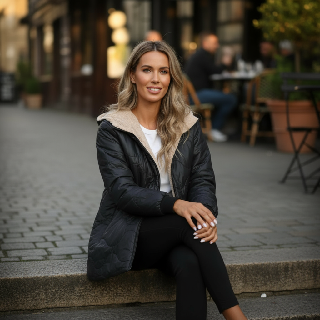 Woman sitting on a street corner wearing a black coat with a blurred background