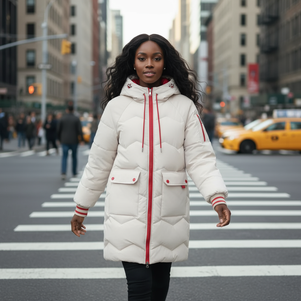 Woman in a white puffer coat with red accents crossing a city street.