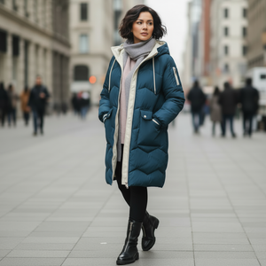 Woman wearing a long blue puffer coat on a city street