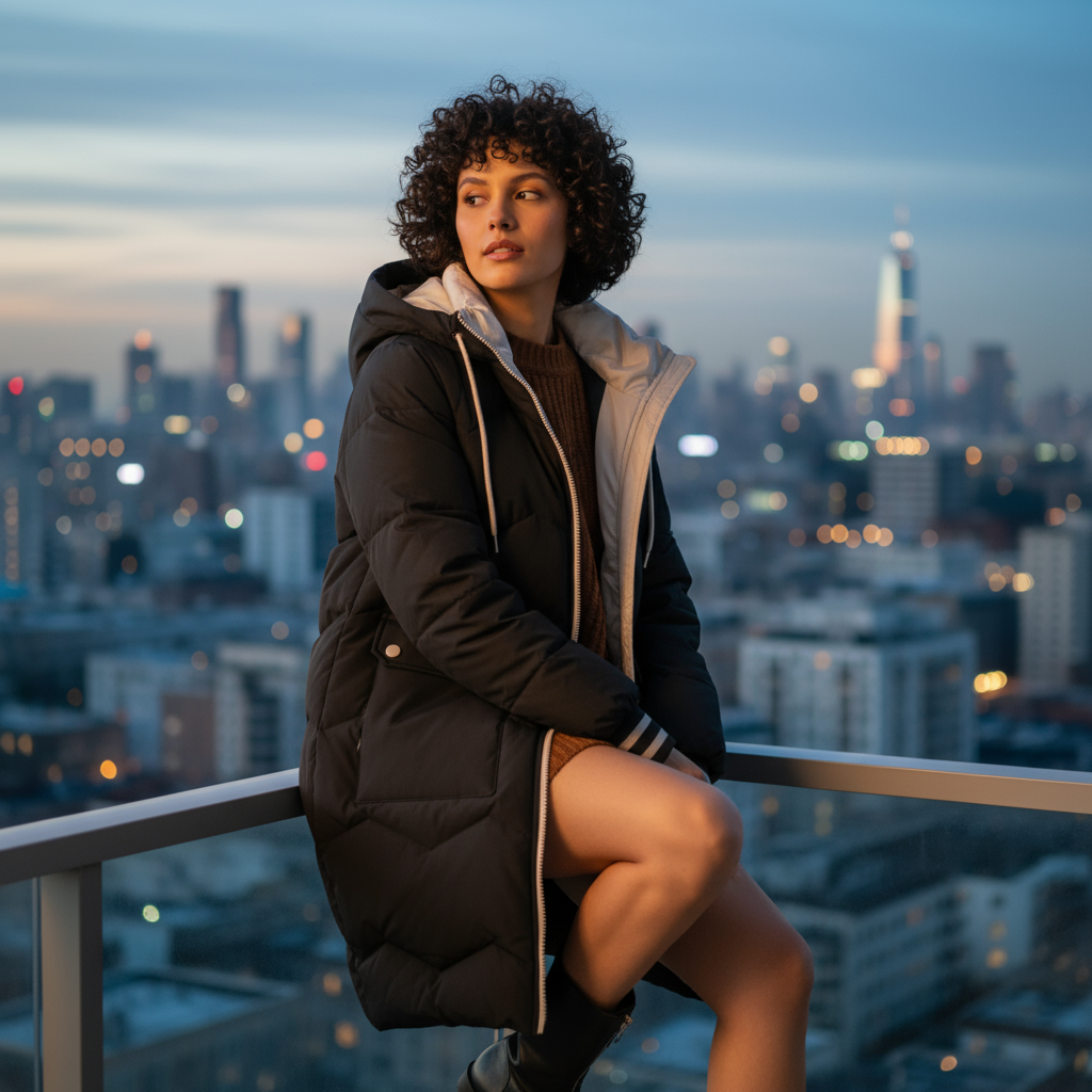 Woman in a black coat sitting on a balcony with a cityscape in the background