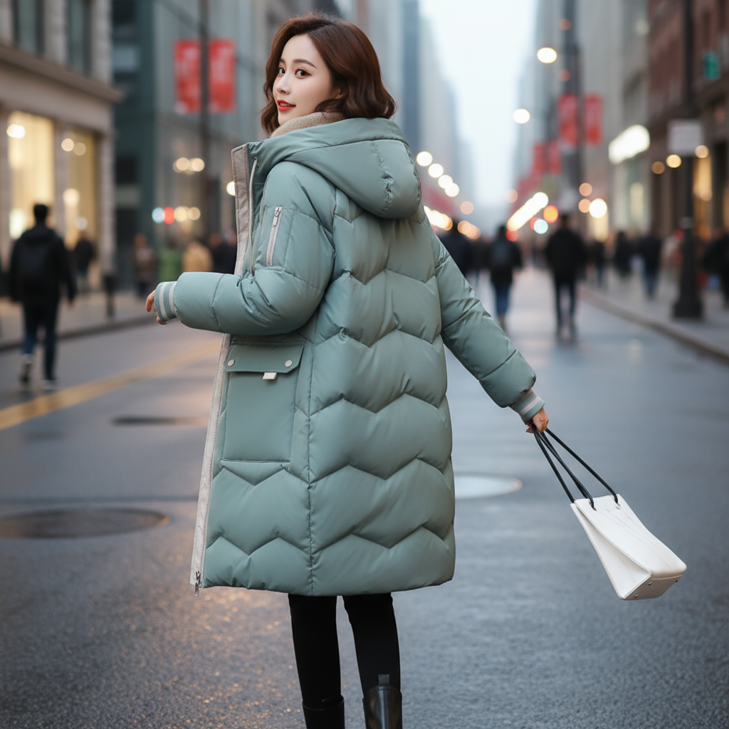 Woman wearing a long light blue puffer coat on a city street.
