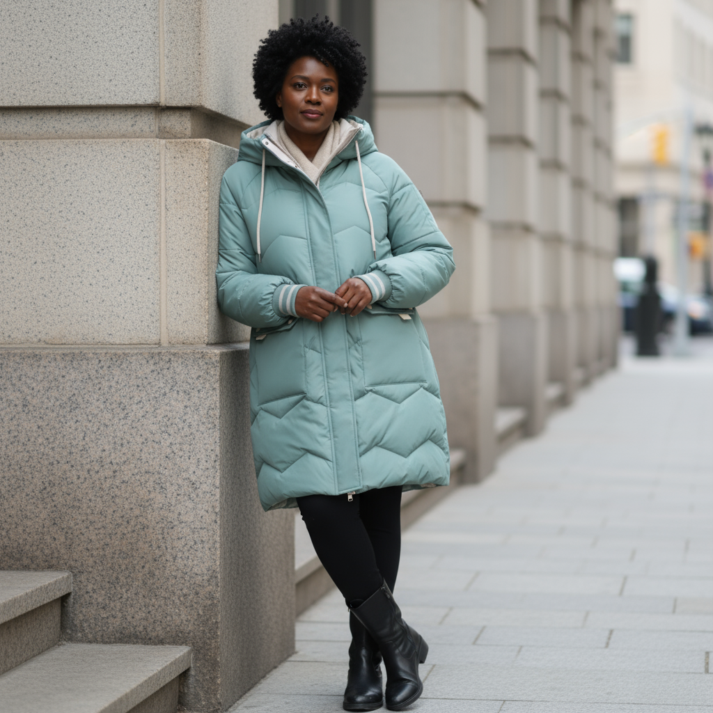 Woman wearing a light blue puffer coat standing against a building on a city street.