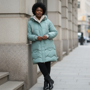 Woman wearing a light blue puffer coat standing against a building on a city street.