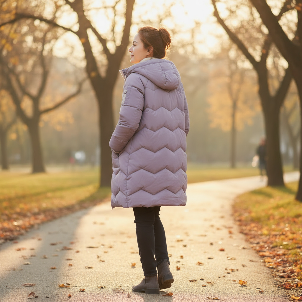 Woman in a long quilted coat walking on a path in a park with trees and sunlight.