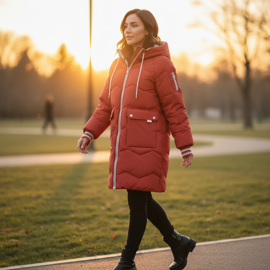 Woman in a red puffer coat walking in a park at sunset
