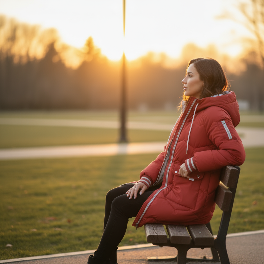 Woman in a red coat sitting on a bench in a park at sunset.
