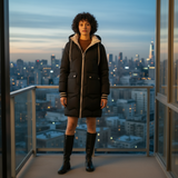 Person standing on a balcony with a cityscape view at dusk