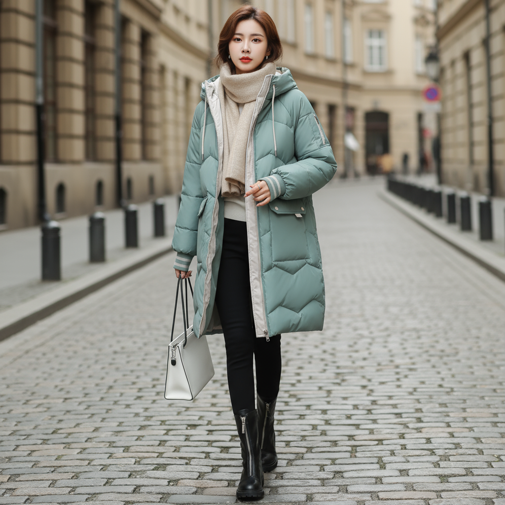 Woman wearing a long light blue puffer coat on a city street.