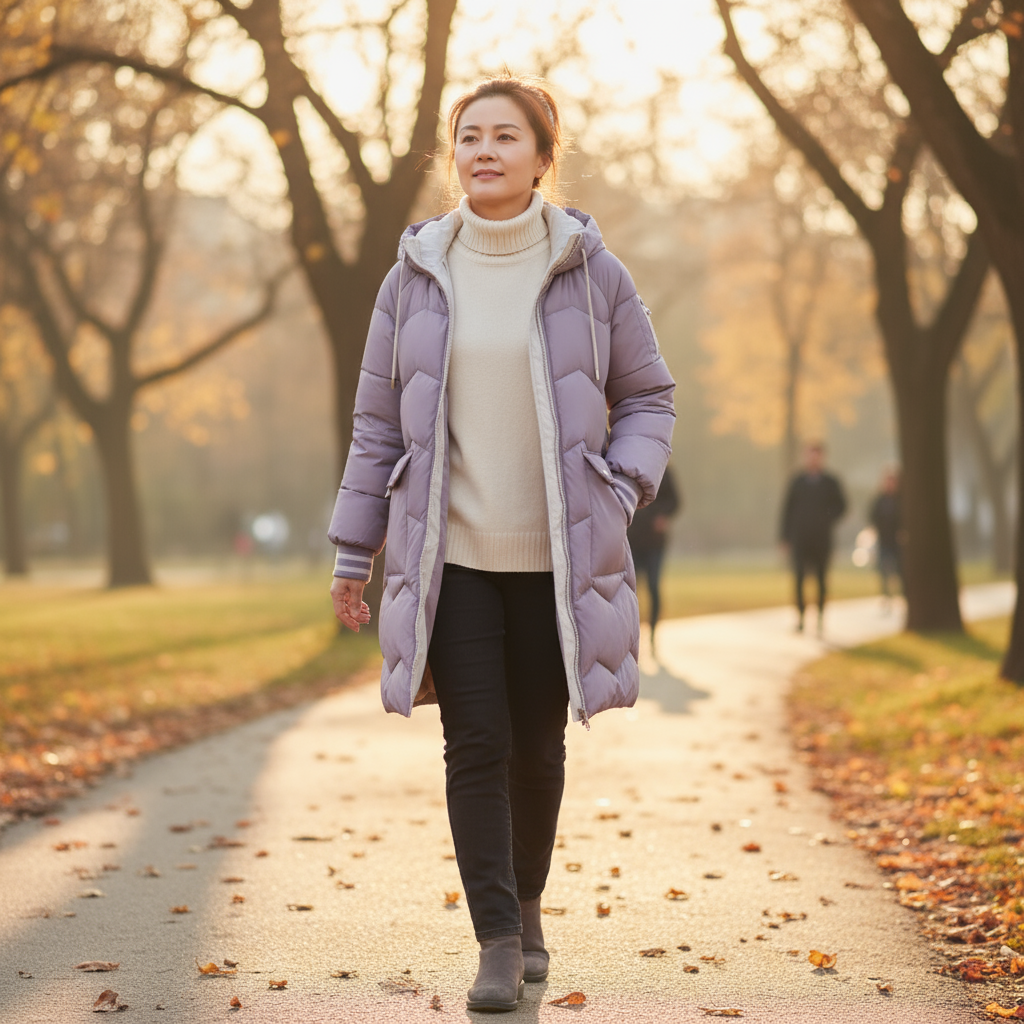 Woman in a long purple coat walking on a path in a park with trees and people in the background.