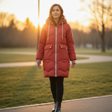 Woman in a red puffer coat walking on a path with a blurred background