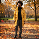 Person wearing a yellow puffer coat in an autumn park setting