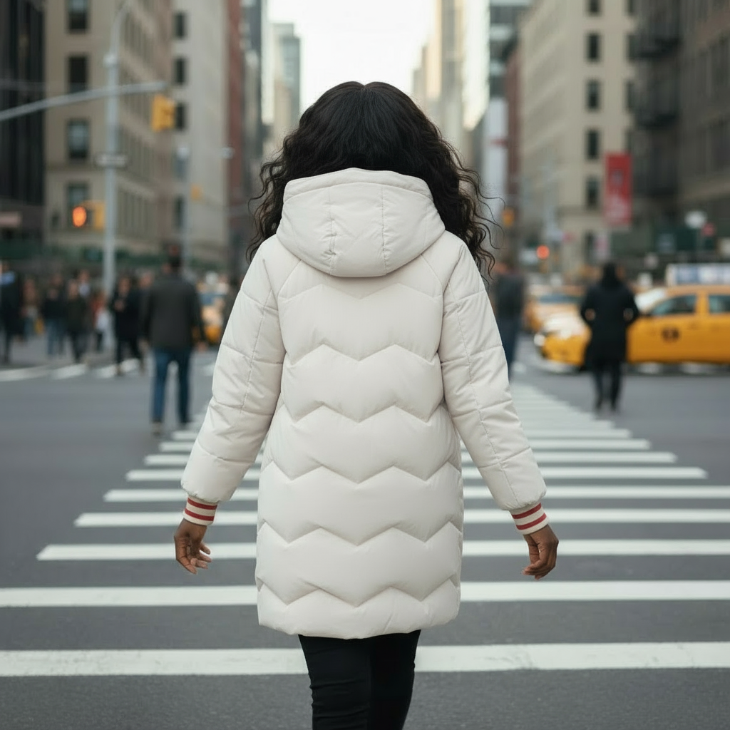 Person wearing a white quilted coat crossing a city street with a taxi in the background.