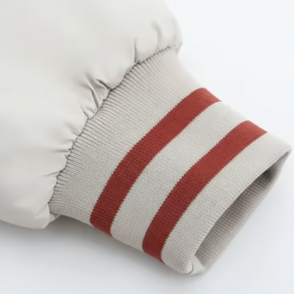 Close-up of a baby's white puffer jacket with red and gray striped cuffs on a white background