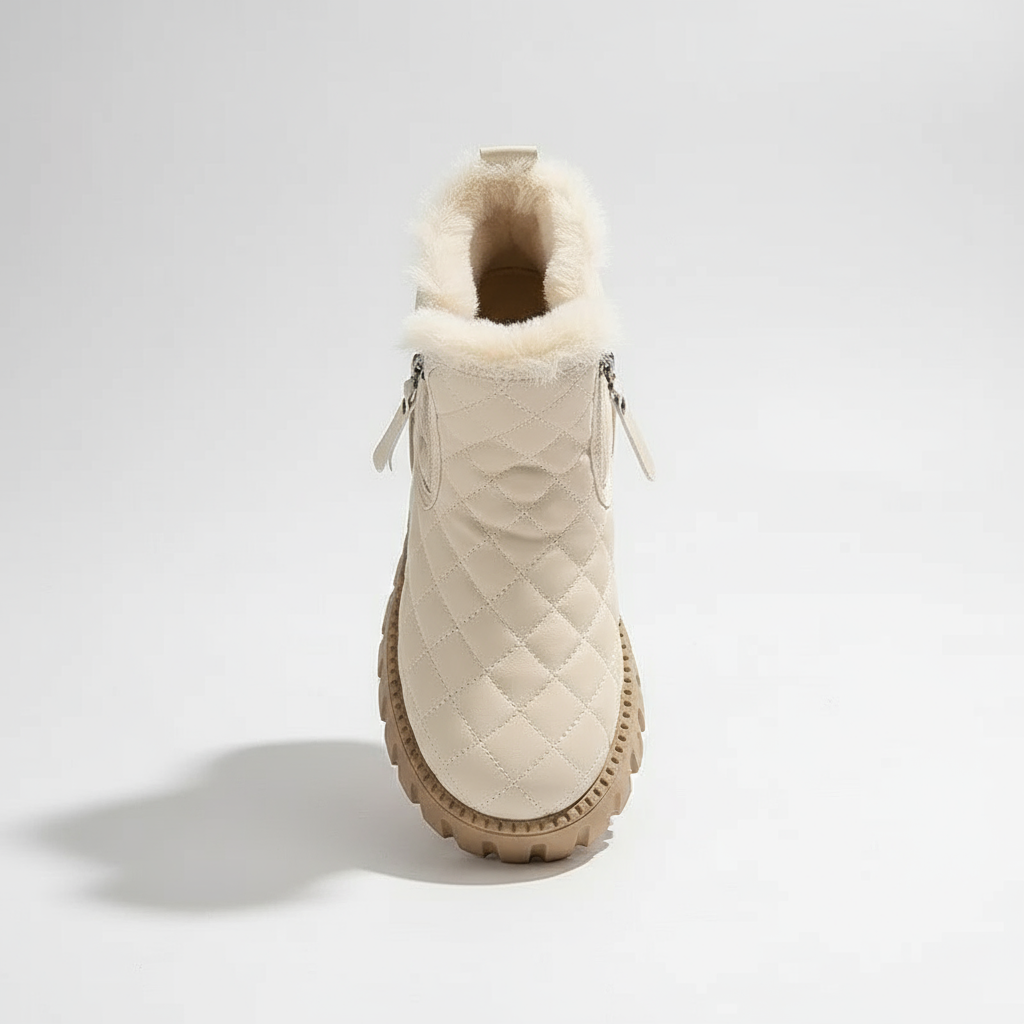 Beige winter boot with quilted design and fur lining on a light gray background