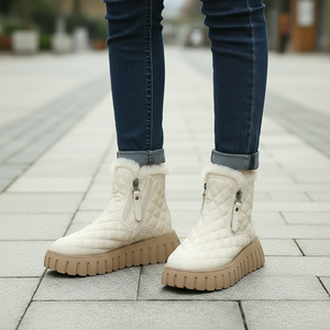 White quilted boots with beige soles worn with blue jeans on a paved surface.
