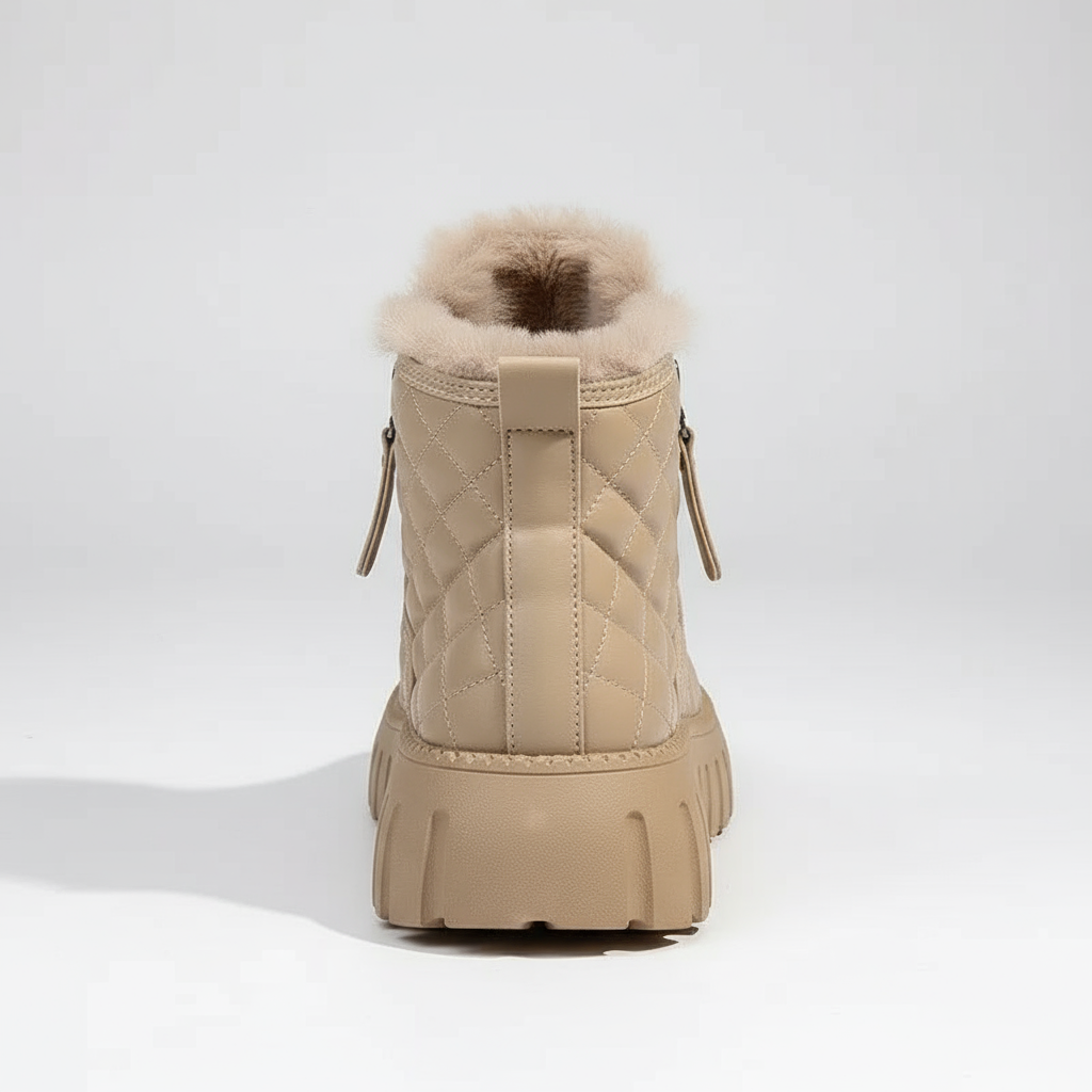 Beige winter boot with fur lining on a white background