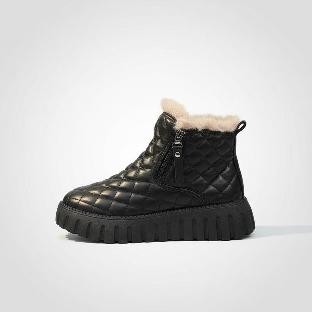 Black quilted ankle boot with beige fur lining on a white background