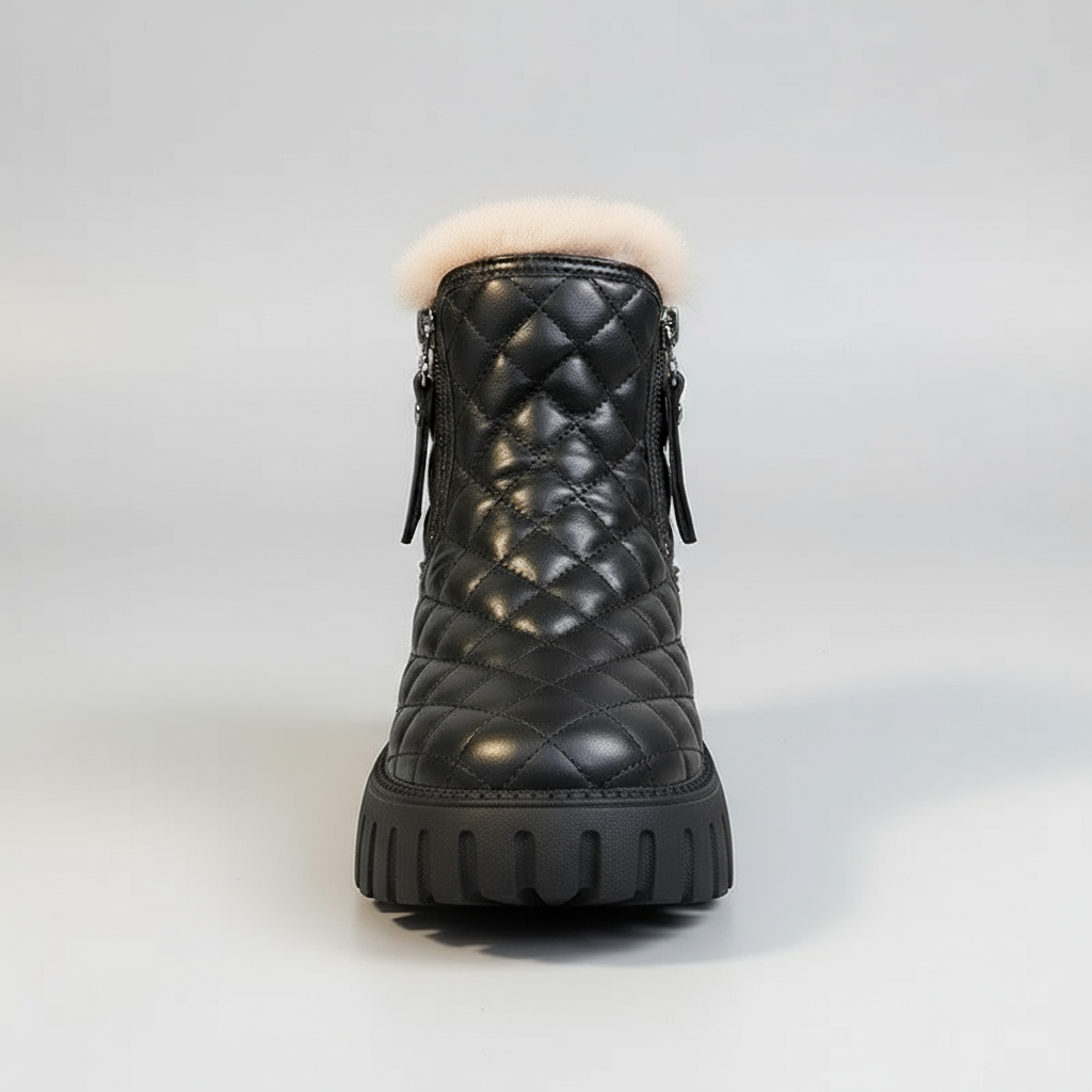 Black quilted winter boot with white fur lining on a light gray background