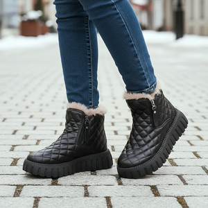 Black quilted winter boots with fur lining worn on a snowy pavement.