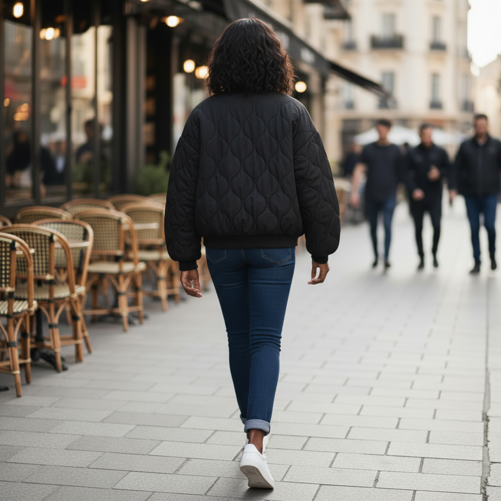 Person walking on a sidewalk with outdoor cafe tables in the background