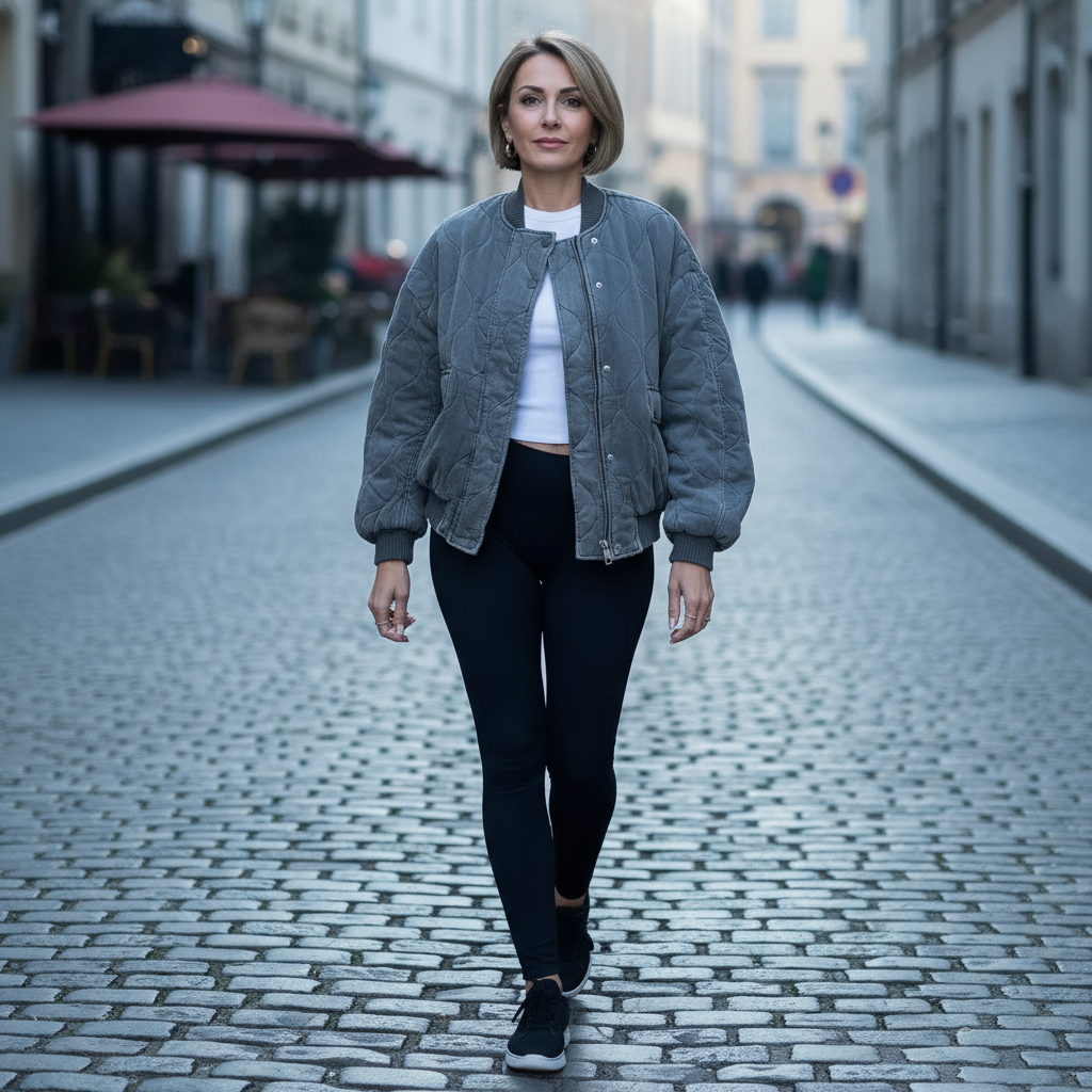 Woman walking on a cobblestone street in an urban setting