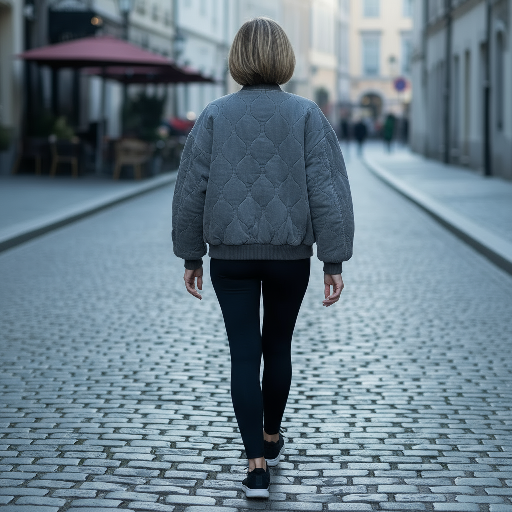 Person wearing a gray quilted jacket walking down a city street.