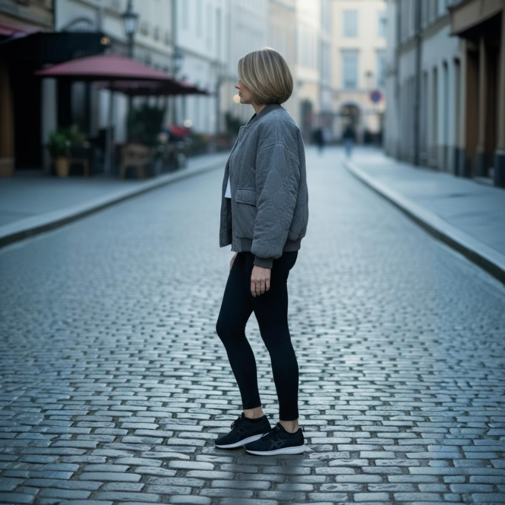 Person standing on a cobblestone street in an urban setting