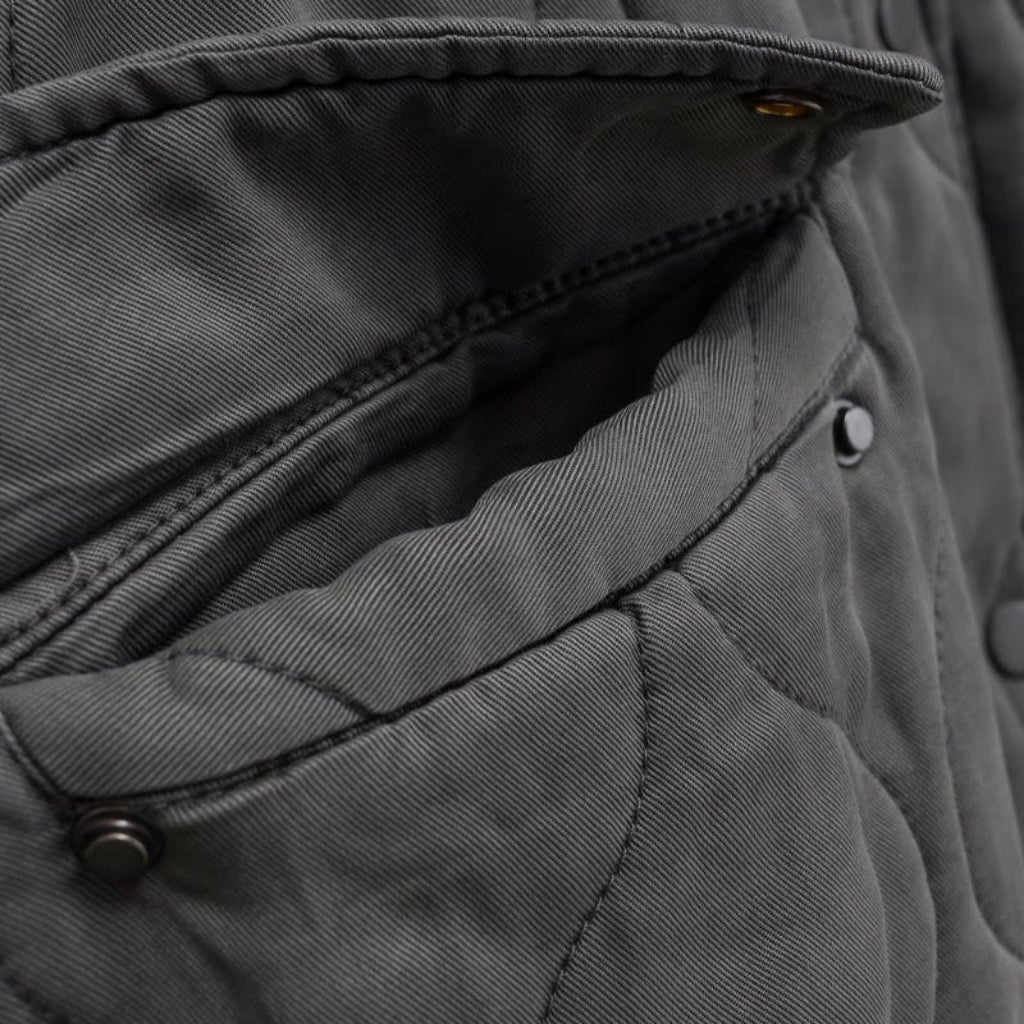 Close-up of a gray jacket with buttons and stitching details