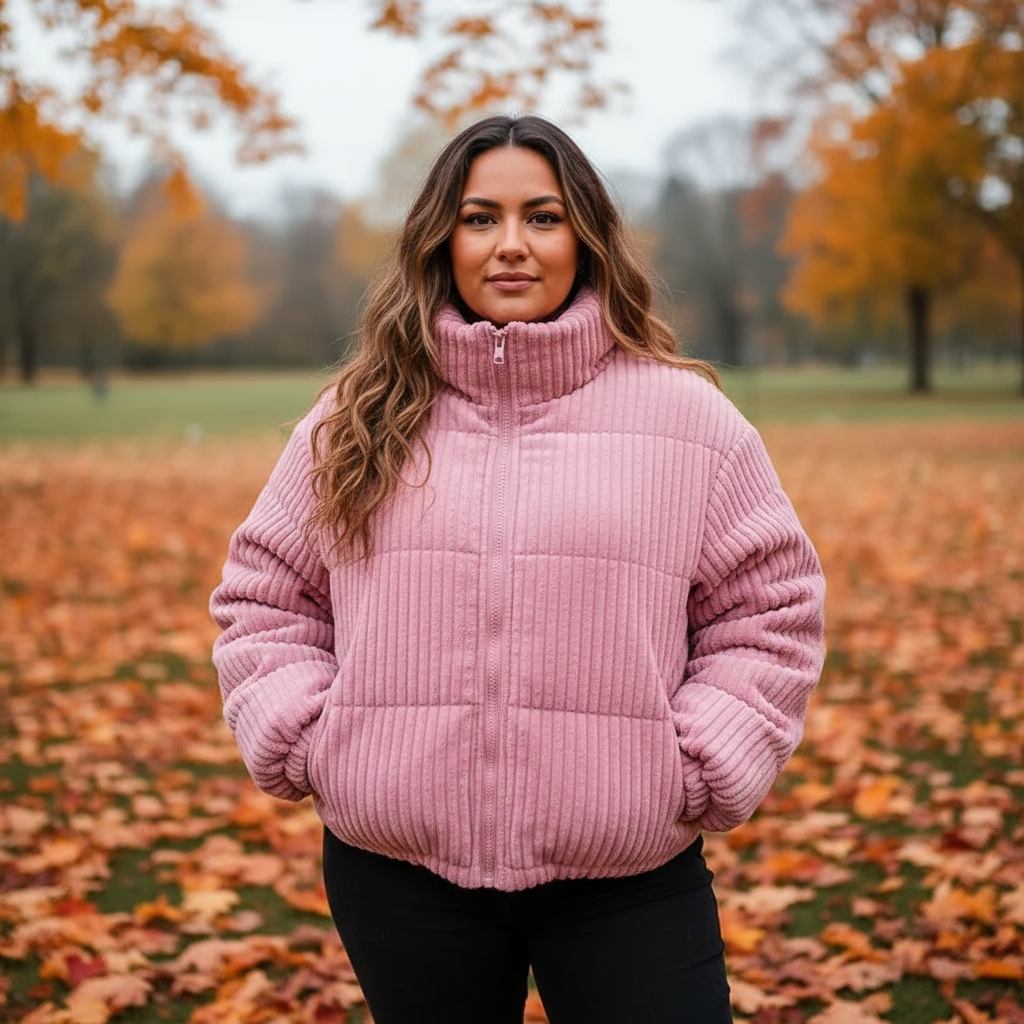 Woman wearing a pink quilted jacket in an autumn park setting