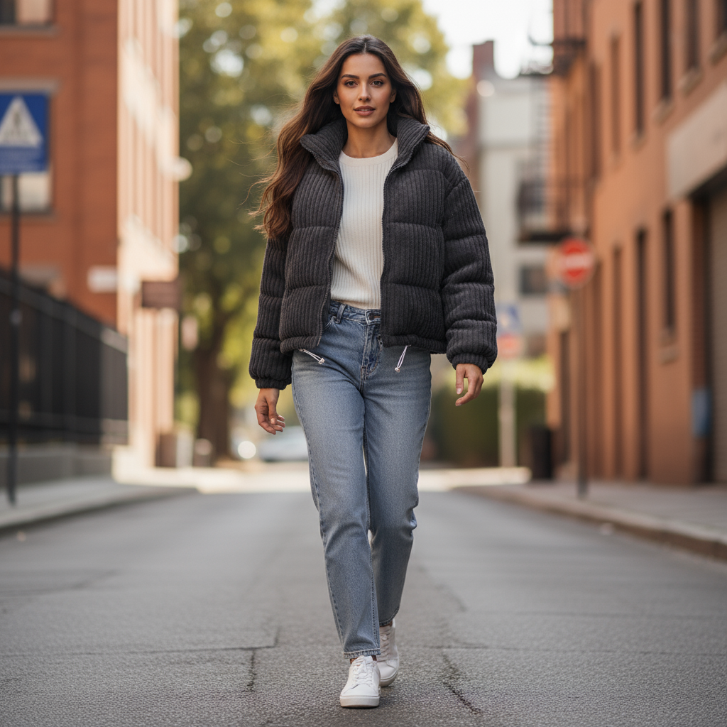 Woman walking on a city street wearing a puffer jacket, white shirt, blue jeans, and white sneakers.
