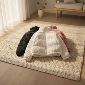 Three puffer jackets in black, white, and pink on a textured rug in a room with a couch and plant.