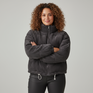 Woman wearing a dark gray quilted jacket with a plain background